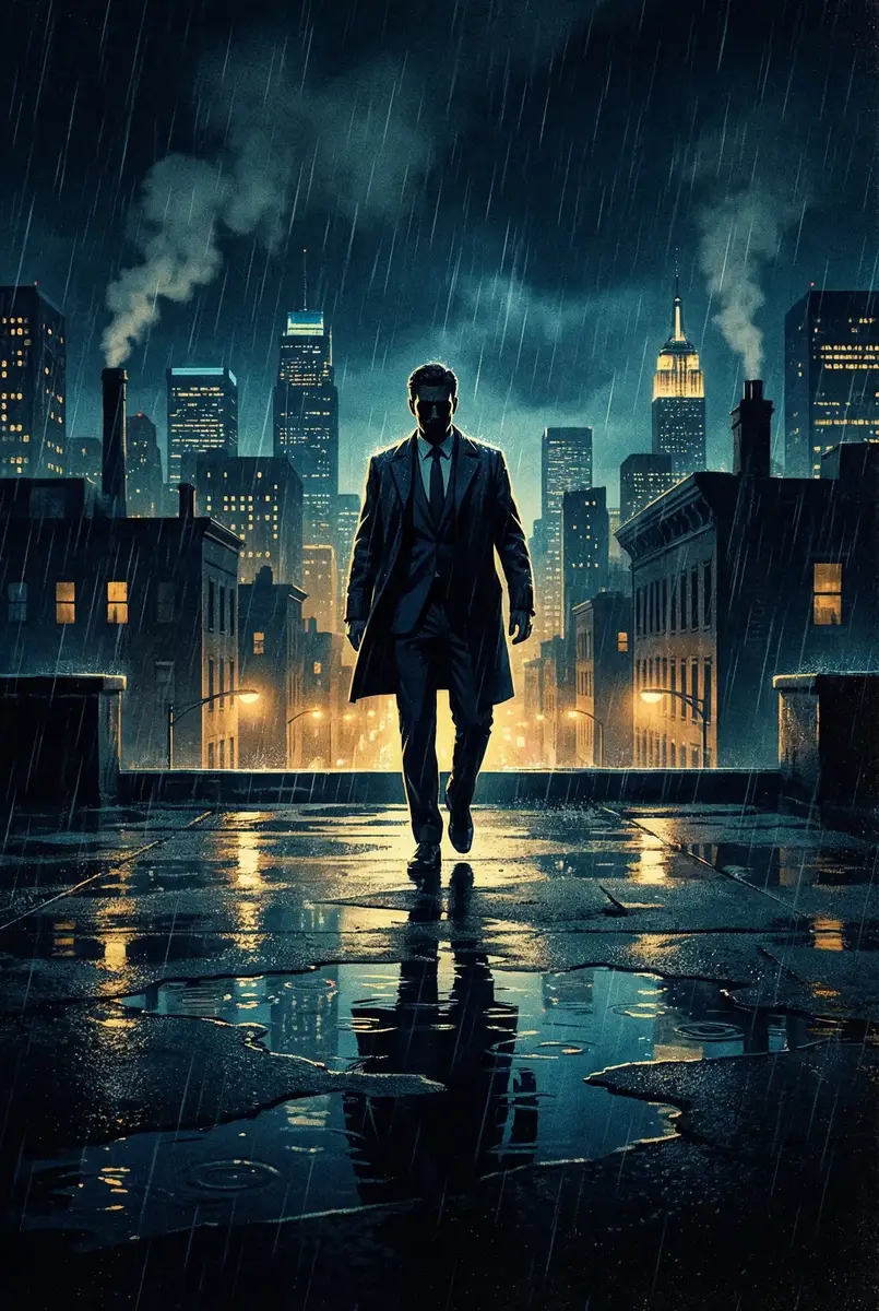 真爱禁区 出品影片《雨夜独行者》海报，雨中城市屋顶男性剪影